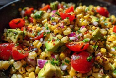 A vibrant close-up of Charred Corn & Avocado Salsa, featuring grilled corn, diced avocado, cherry tomatoes, and red onion.
