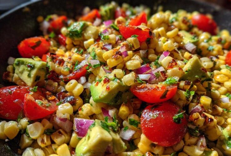A vibrant close-up of Charred Corn & Avocado Salsa, featuring grilled corn, diced avocado, cherry tomatoes, and red onion.