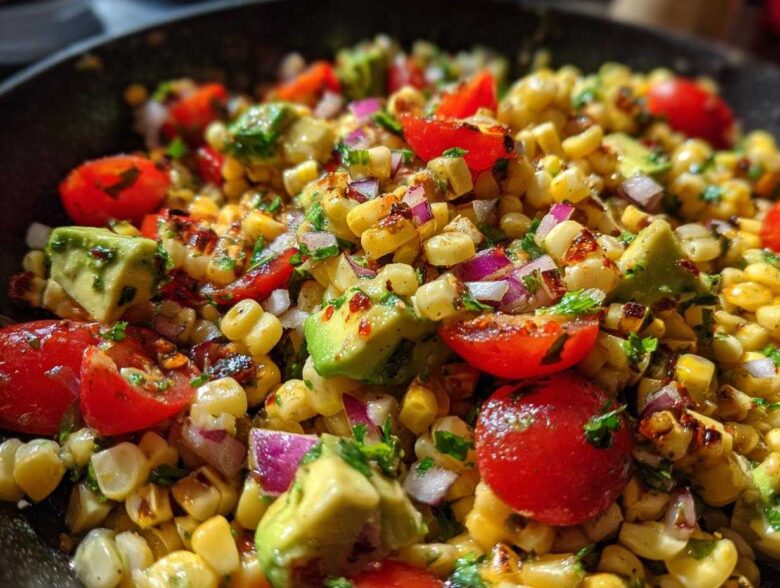 A vibrant close-up of Charred Corn & Avocado Salsa, featuring grilled corn, diced avocado, cherry tomatoes, and red onion.