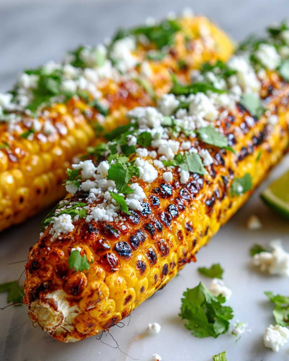Close-up of charred Mexican street corn topped with crumbled cheese and fresh cilantro, with a lime wedge in the background.