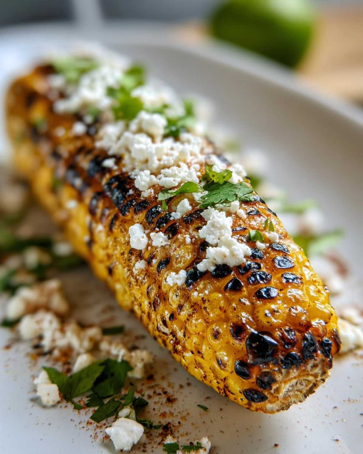 A close-up of charred Mexican street corn topped with crumbled cotija cheese and fresh cilantro.