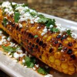A close-up of delicious charred Mexican street corn, topped with crumbled queso fresco and fresh cilantro.