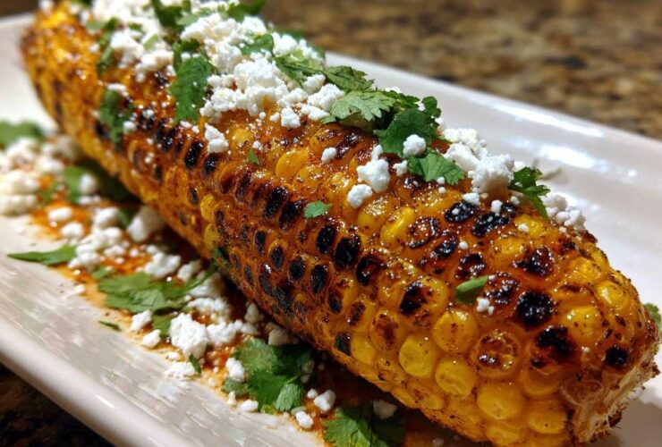 A close-up of delicious charred Mexican street corn, topped with crumbled queso fresco and fresh cilantro.