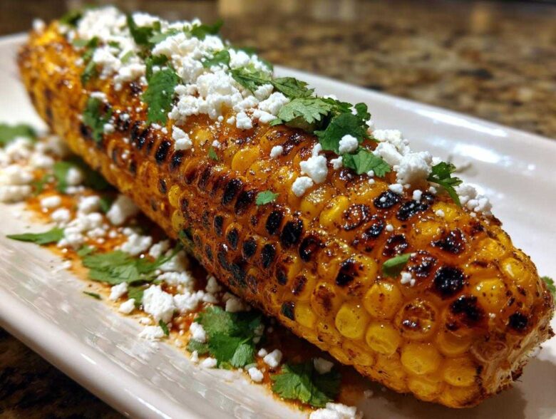 A close-up of delicious charred Mexican street corn, topped with crumbled queso fresco and fresh cilantro.