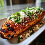 A close-up of perfectly charred Mexican street corn, topped with crumbled cheese, cilantro, and chili powder.