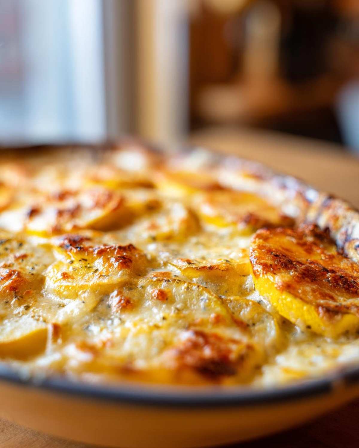Close-up of a warm Cheesy Squash Casserole with golden brown, bubbly cheese and sliced squash.