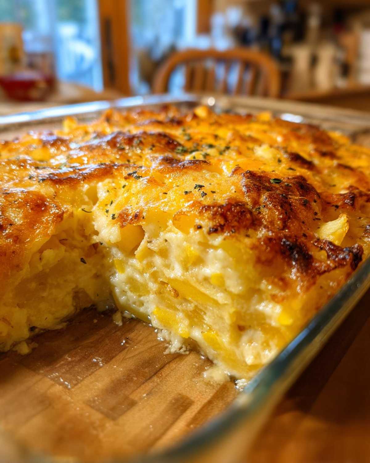 A close-up of a Cheesy Squash Casserole in a glass baking dish, showing layers of squash and creamy sauce with a golden-brown cheesy crust.