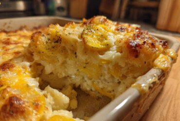A close-up of a Cheesy Squash Casserole, showing golden-brown melted cheese and tender squash slices.