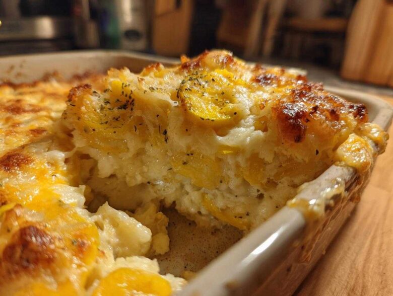 A close-up of a Cheesy Squash Casserole, showing golden-brown melted cheese and tender squash slices.