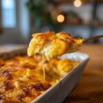 A spoonful of warm Cheesy Squash Casserole with melted cheese being lifted from a baking dish.