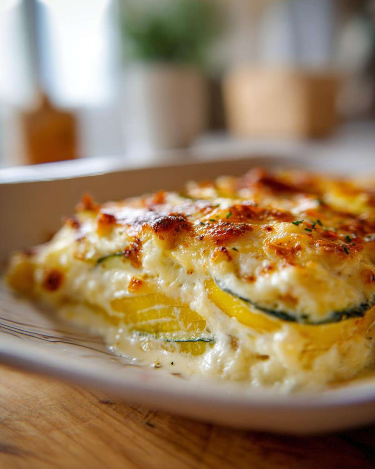 A close-up of a slice of Cheesy Squash Casserole, showing layers of yellow squash and zucchini baked in a creamy sauce with a golden-brown cheesy crust.