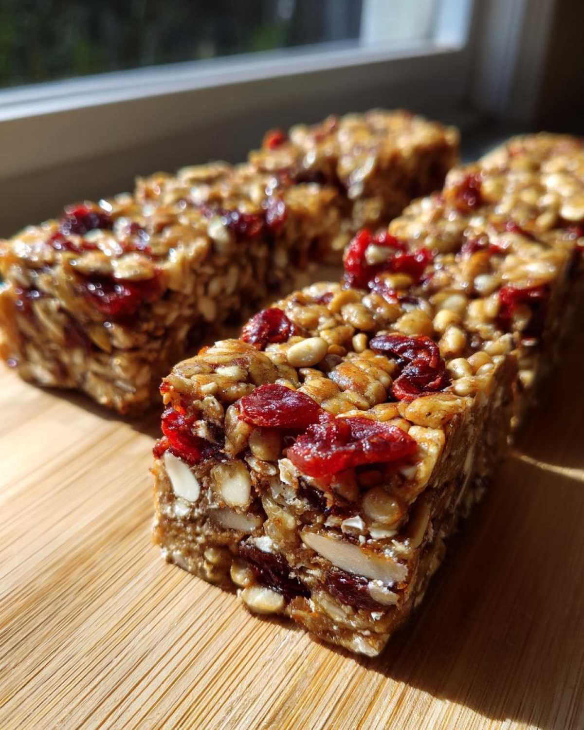 Close-up of Cherry Almond Energy Bars with visible cherries, almonds, and seeds on a wooden surface.