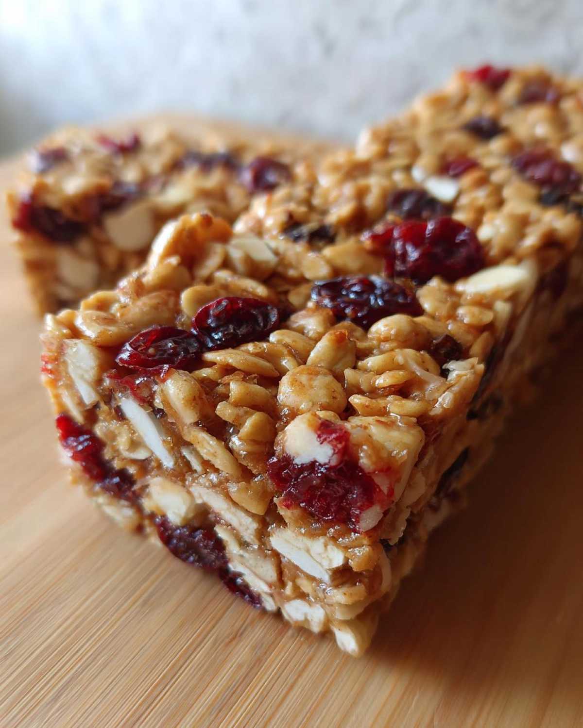 A close-up view of a Cherry Almond Energy Bar, showcasing dried cherries, slivered almonds, and oats bound together.