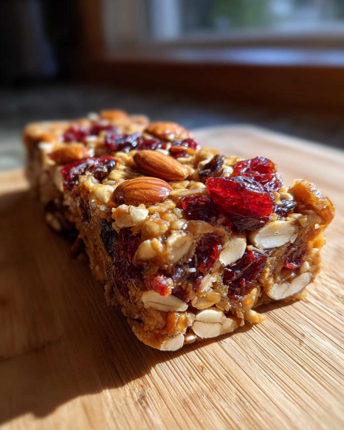 Close-up of a Cherry Almond Energy Bar, showcasing whole almonds and dried cherries on a wooden surface.