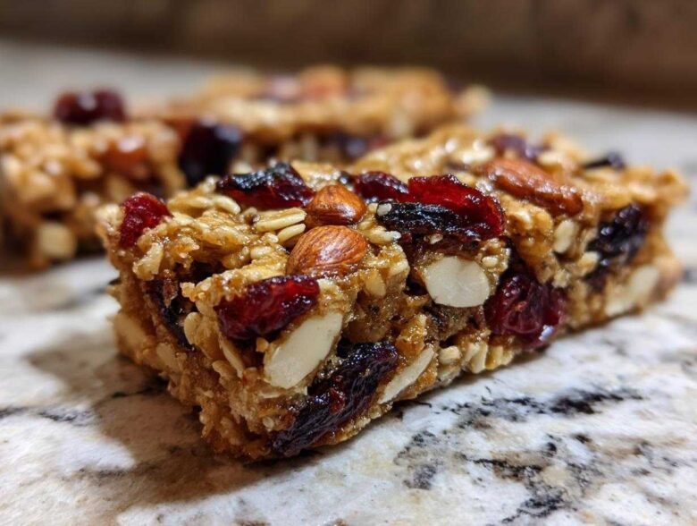 Close-up of a homemade Cherry Almond Energy Bar, packed with oats, dried cherries, and almonds.
