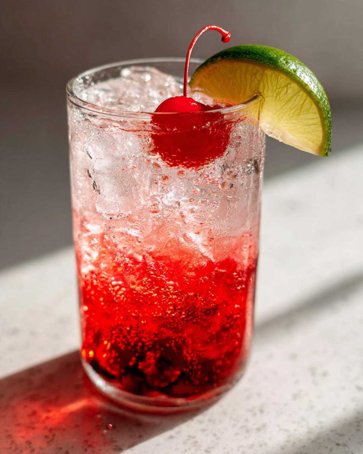 A tall glass filled with ice, a vibrant red Cherry Limeade Cooler, garnished with a maraschino cherry and a lime wedge.