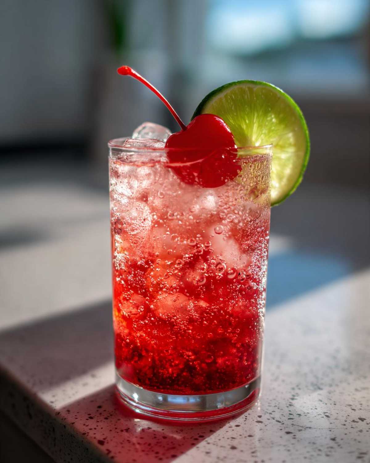 A tall glass filled with a bubbly red Cherry Limeade Cooler, garnished with a maraschino cherry and a lime slice.