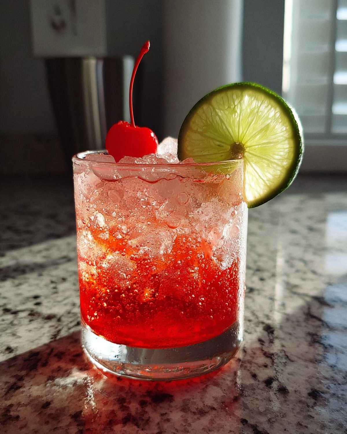 A close-up of a Cherry Limeade Cooler in a glass, garnished with a maraschino cherry and a lime slice, filled with ice and red liquid.