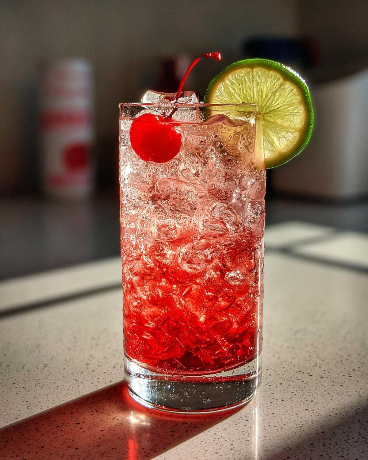 A tall glass filled with ice and a vibrant red Cherry Limeade Cooler, garnished with a maraschino cherry and a lime slice.