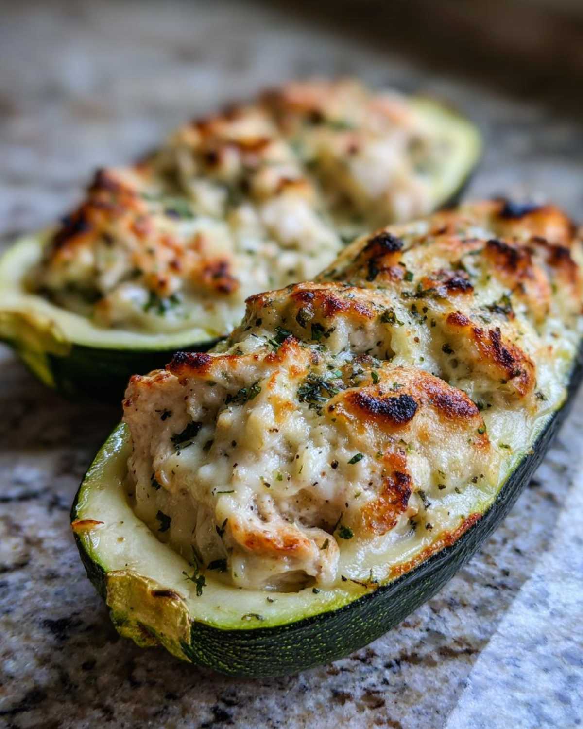 Close-up of two Chicken Alfredo Zucchini Boats, baked with melted cheese and herbs.