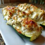 Close-up of two baked Chicken Alfredo Stuffed Zucchini Boats on a white plate, topped with melted cheese and herbs.