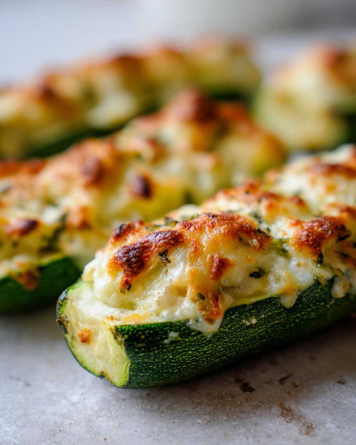 Close-up of Chicken Alfredo Stuffed Zucchini Boats, baked with melted golden cheese and herbs.