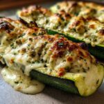 Close-up of delicious Chicken Alfredo Stuffed Zucchini Boats, baked with melted cheese and herbs.