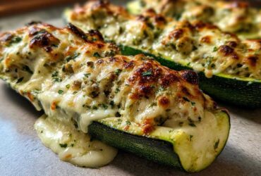 Close-up of delicious Chicken Alfredo Stuffed Zucchini Boats, baked with melted cheese and herbs.