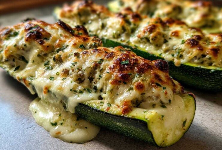 Close-up of delicious Chicken Alfredo Stuffed Zucchini Boats, baked with melted cheese and herbs.