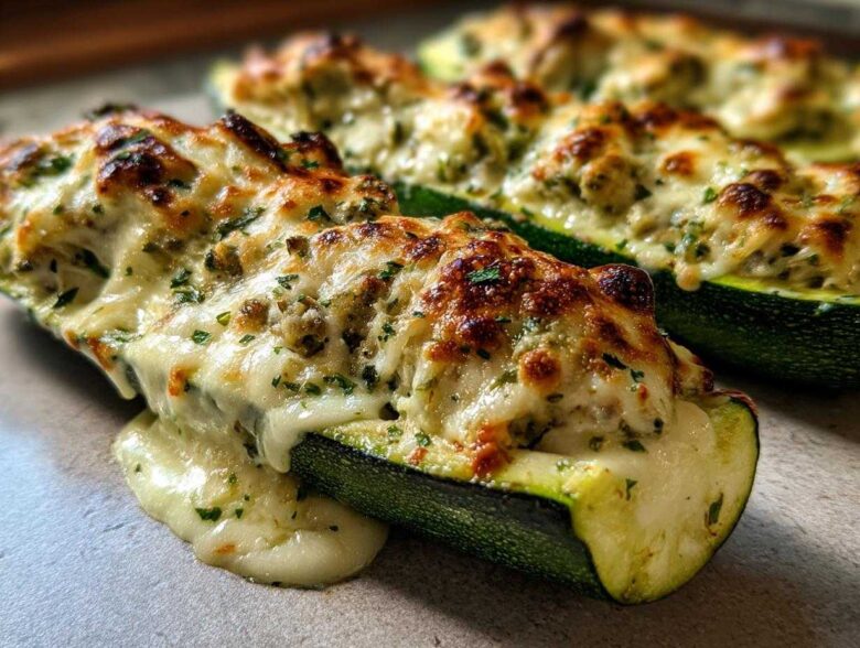 Close-up of delicious Chicken Alfredo Stuffed Zucchini Boats, baked with melted cheese and herbs.