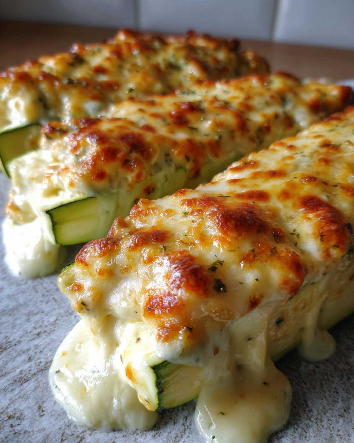 Close-up of delicious Chicken Alfredo Stuffed Zucchini Boats topped with bubbly, melted cheese and herbs.