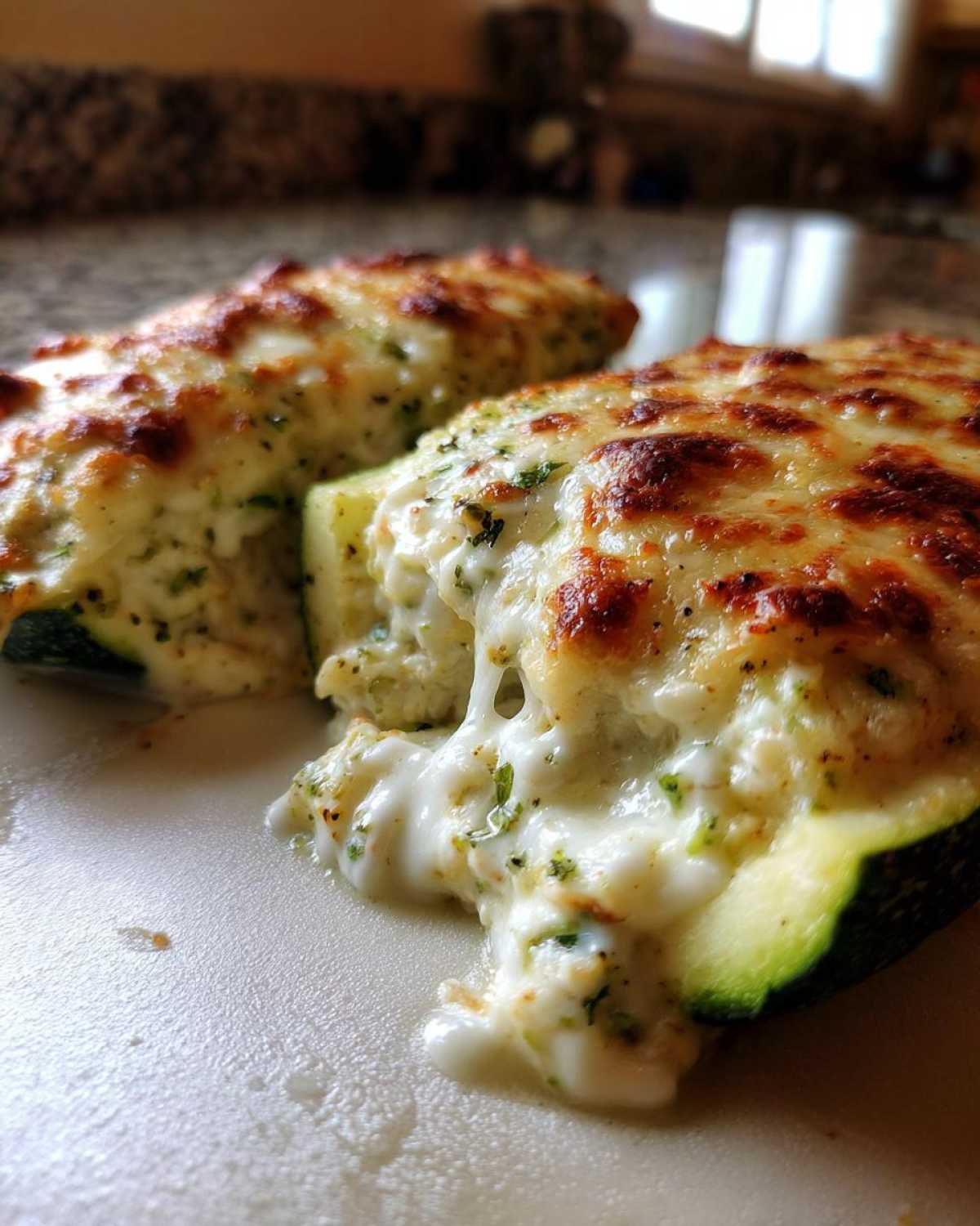 Close-up of Chicken Alfredo Stuffed Zucchini Boats, with gooey melted cheese oozing out.