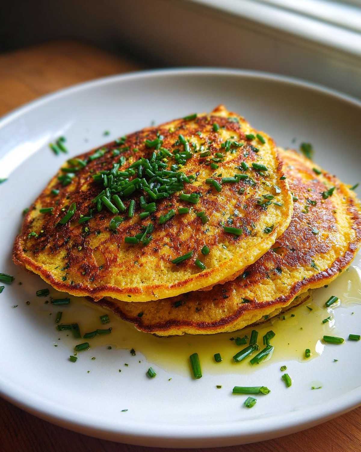 Close-up of two golden-brown chickpea flour pancakes stacked on a white plate, topped with fresh chives and drizzled with oil.