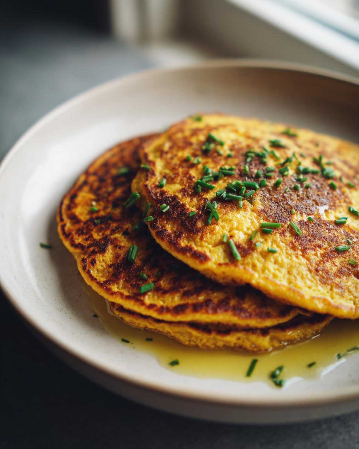 A stack of three golden-brown chickpea flour pancakes topped with fresh chives and drizzled with butter.