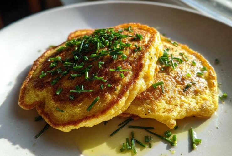 Two golden-brown chickpea flour pancakes topped with fresh chives and drizzled with oil on a white plate.