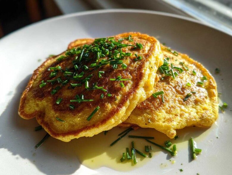 Two golden-brown chickpea flour pancakes topped with fresh chives and drizzled with oil on a white plate.