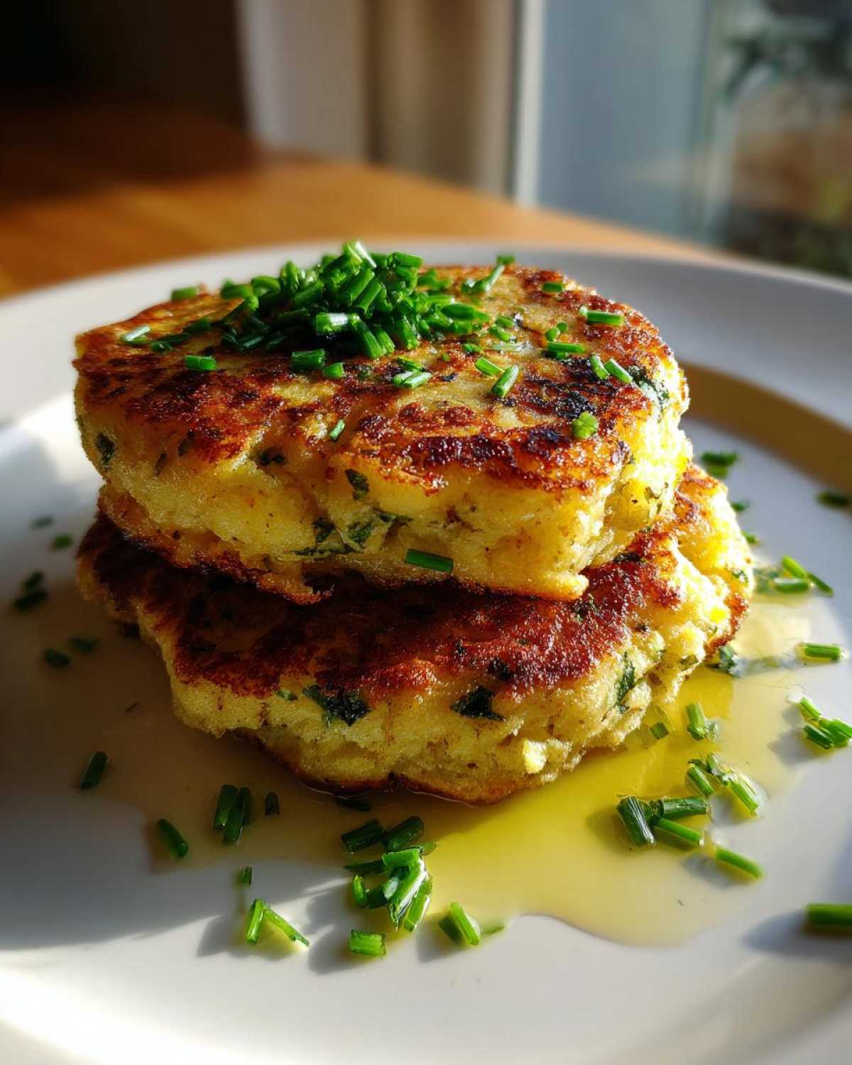 Two golden-brown chickpea flour pancakes stacked on a white plate, topped with fresh chives and drizzled with a light syrup.