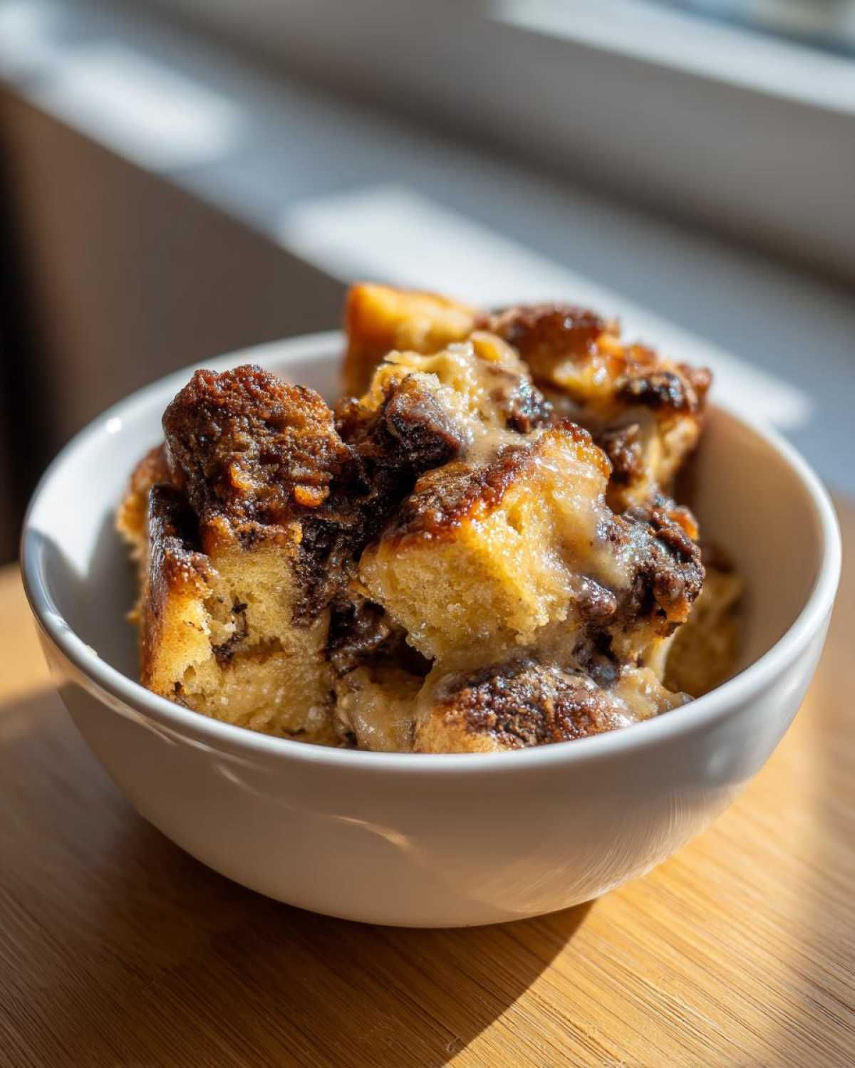 A close-up of a white bowl filled with decadent Chocolate Babka Bread Pudding, drizzled with a creamy sauce.
