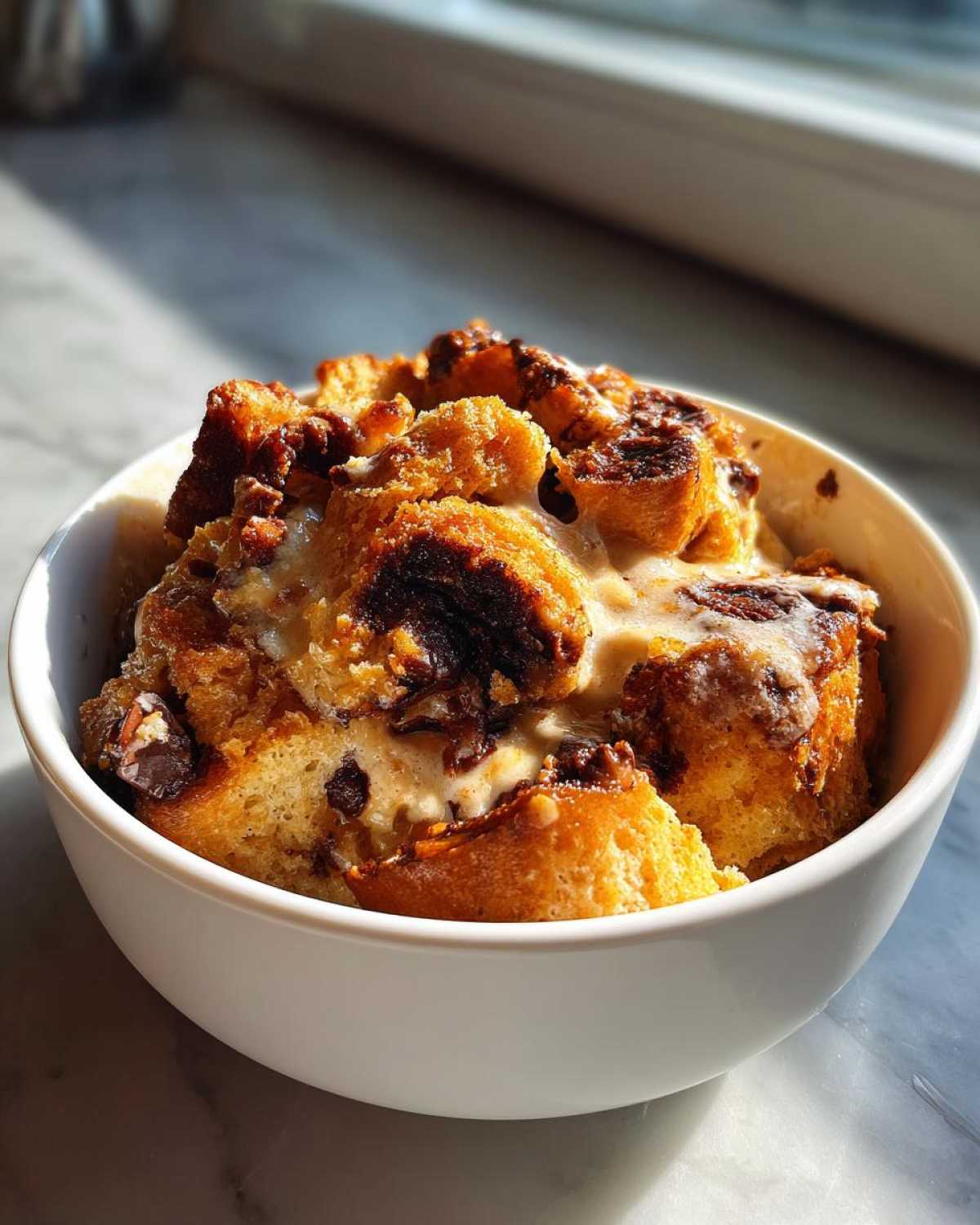 A close-up of a white bowl filled with decadent Chocolate Babka Bread Pudding, topped with a creamy sauce.