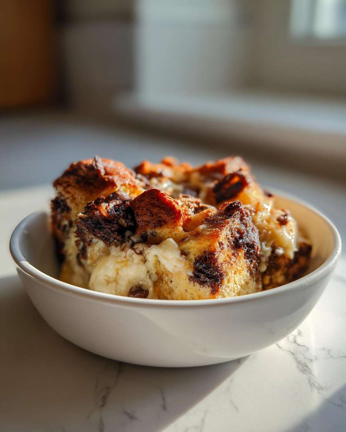 A close-up of a white bowl filled with a serving of Chocolate Babka Bread Pudding, showing golden-brown crust and rich chocolate swirls.