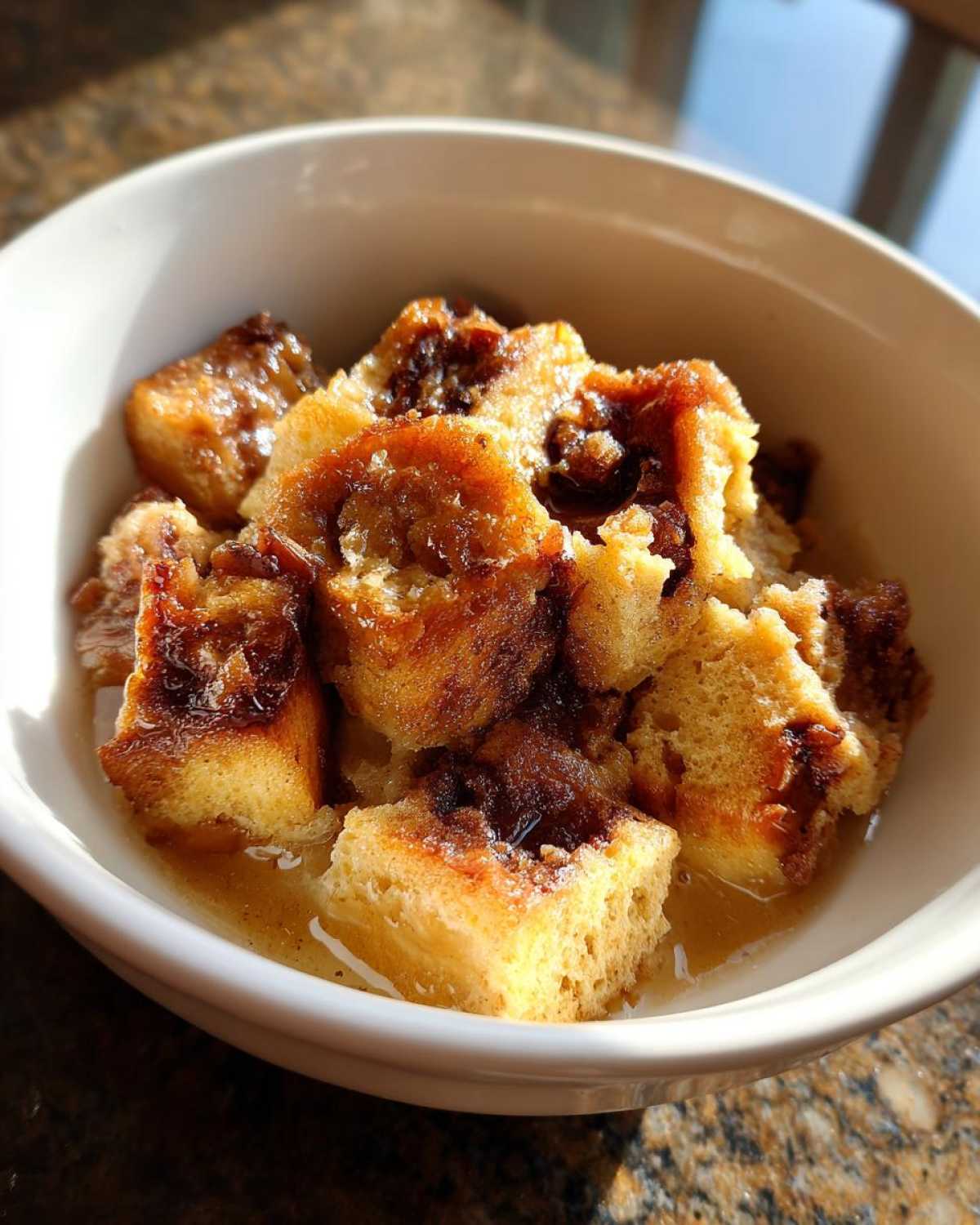 A close-up of a white bowl filled with cubes of Chocolate Babka Bread Pudding, glistening with syrup.