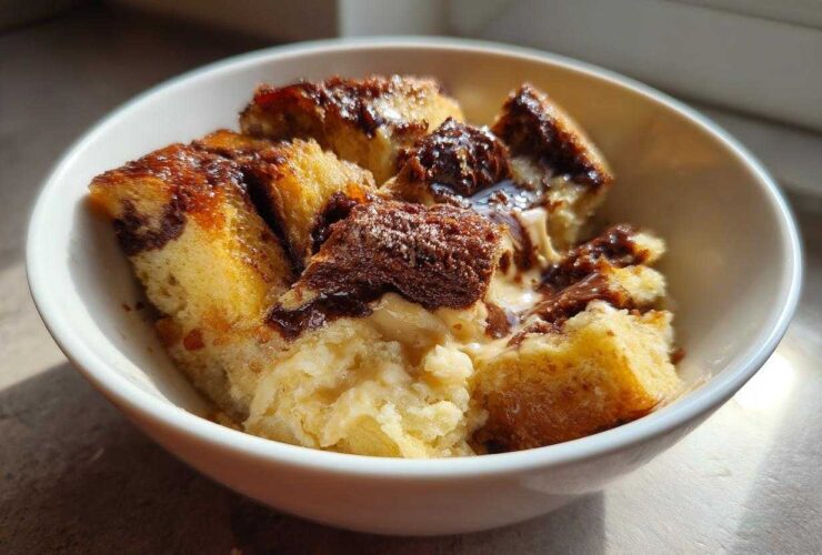 A close-up of a white bowl filled with chunks of Chocolate Babka Bread Pudding, drizzled with chocolate sauce and topped with a dusting of powdered sugar.