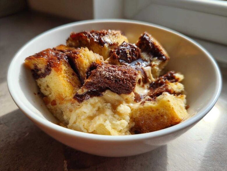 A close-up of a white bowl filled with chunks of Chocolate Babka Bread Pudding, drizzled with chocolate sauce and topped with a dusting of powdered sugar.