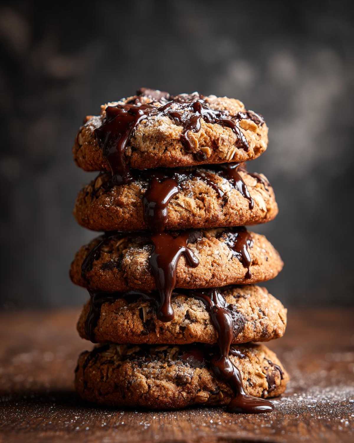 A tall stack of five chocolate chip oatmeal cookies, drizzled with rich chocolate sauce.