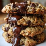 A stack of freshly baked Chocolate Chip Oatmeal Cookies with gooey melted chocolate drizzled over the top.