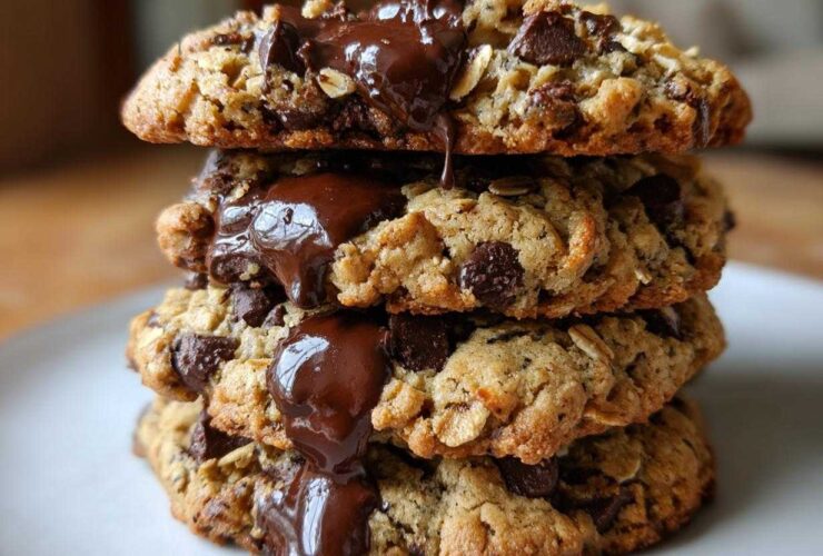 A stack of freshly baked Chocolate Chip Oatmeal Cookies with gooey melted chocolate drizzled over the top.