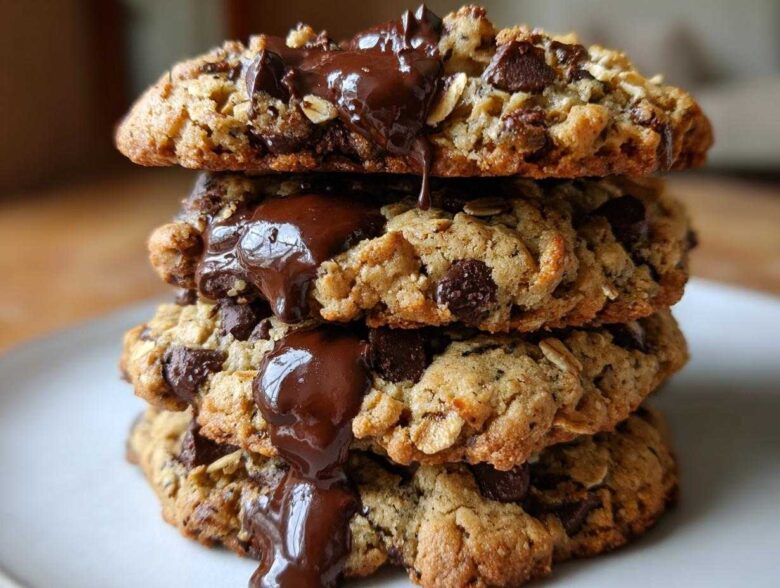 A stack of freshly baked Chocolate Chip Oatmeal Cookies with gooey melted chocolate drizzled over the top.