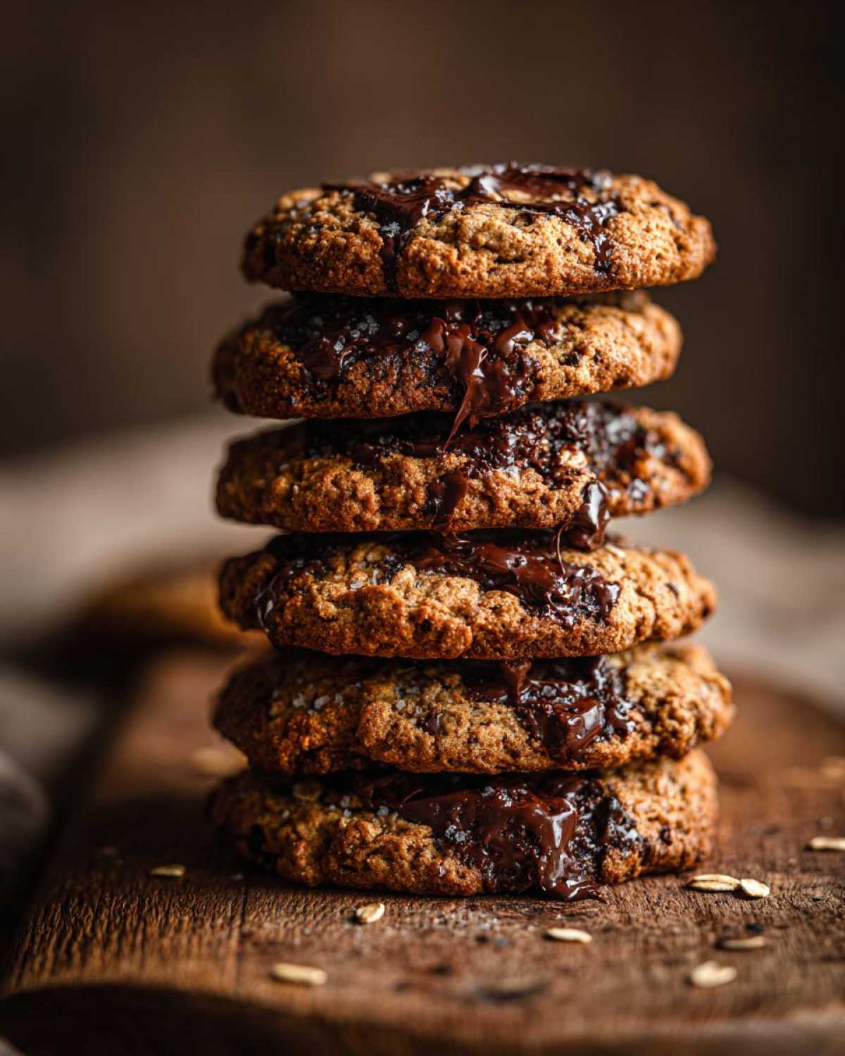A tall stack of homemade Chocolate Chip Oatmeal Cookies, drizzled with melted chocolate.