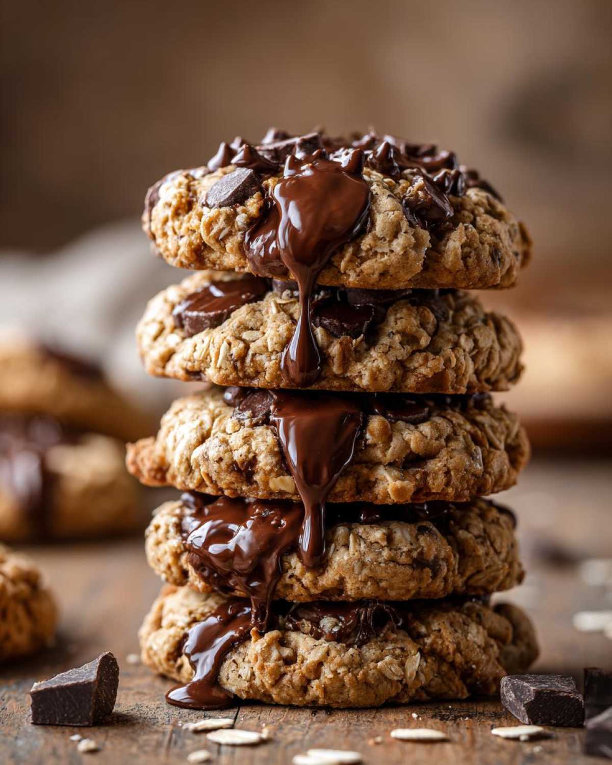 A tall stack of warm Chocolate Chip Oatmeal Cookies, generously drizzled with melted chocolate.