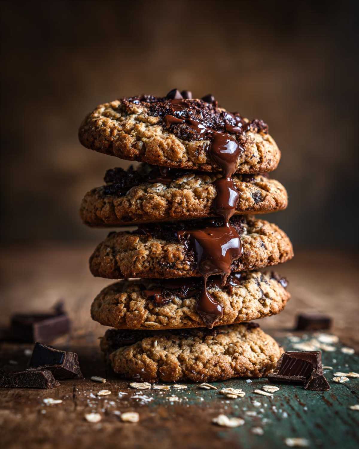 A tall stack of Grandma's Chocolate Chip Oatmeal Cookies, drizzled with melted chocolate.